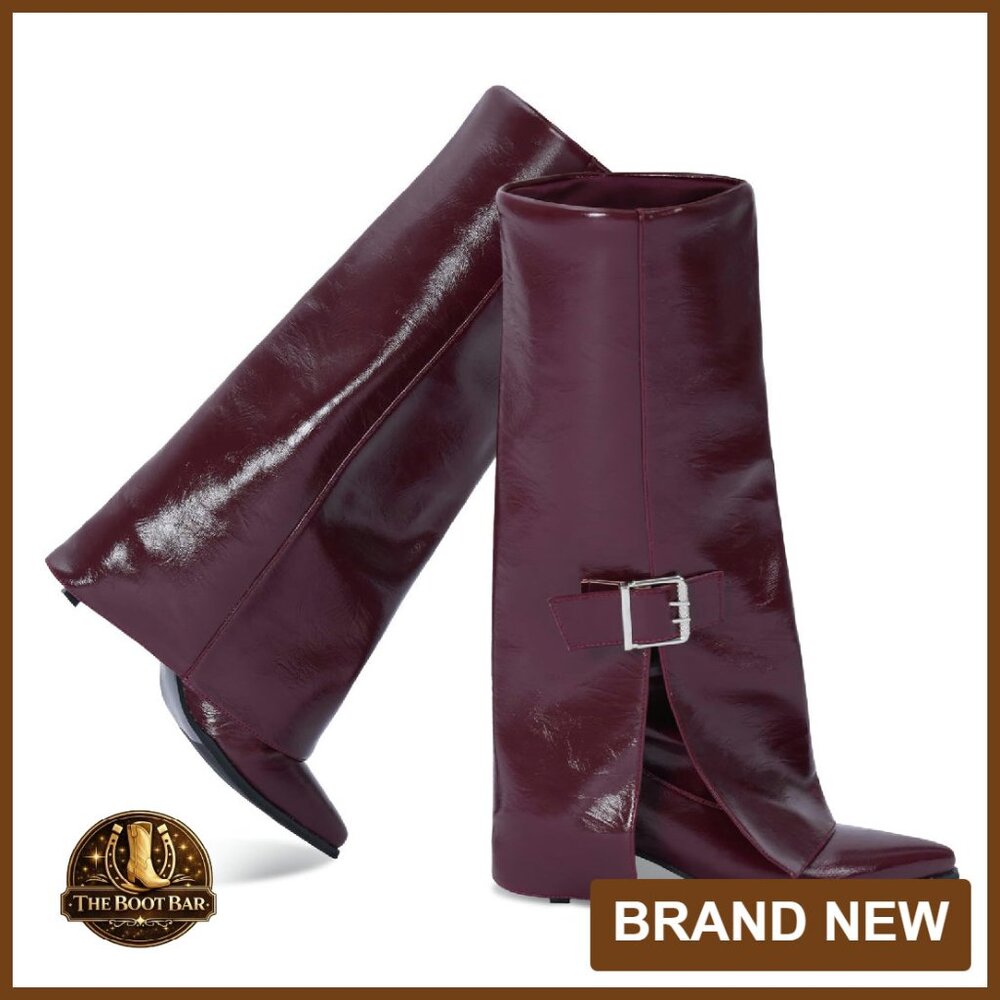 Knee High Fold Over Boots Faux Leather Pointed Toe Kitten Heels Wide Calf